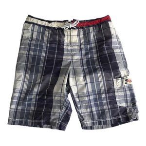 Tommy Hilfiger Mens Swim Shorts Adult Size Medium Blue Plaid Lining Pockets